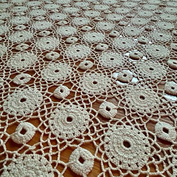 Vintage Hand-Crocheted Lace Tablecloth – Ivory Round Motif Design, 51” x 49 - Picture 3 of 12